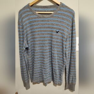 American Eagle Outfitters Men's Thermal Long Sleeve Shirt Gray/Blue Striped L